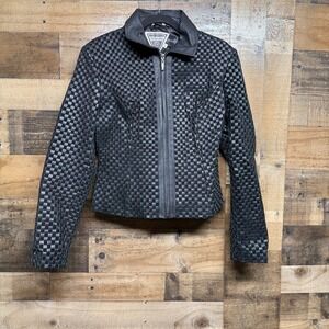 Marvin Richards Vintage Womens Black Woven Leather Jacket Full Zip Collar Size M